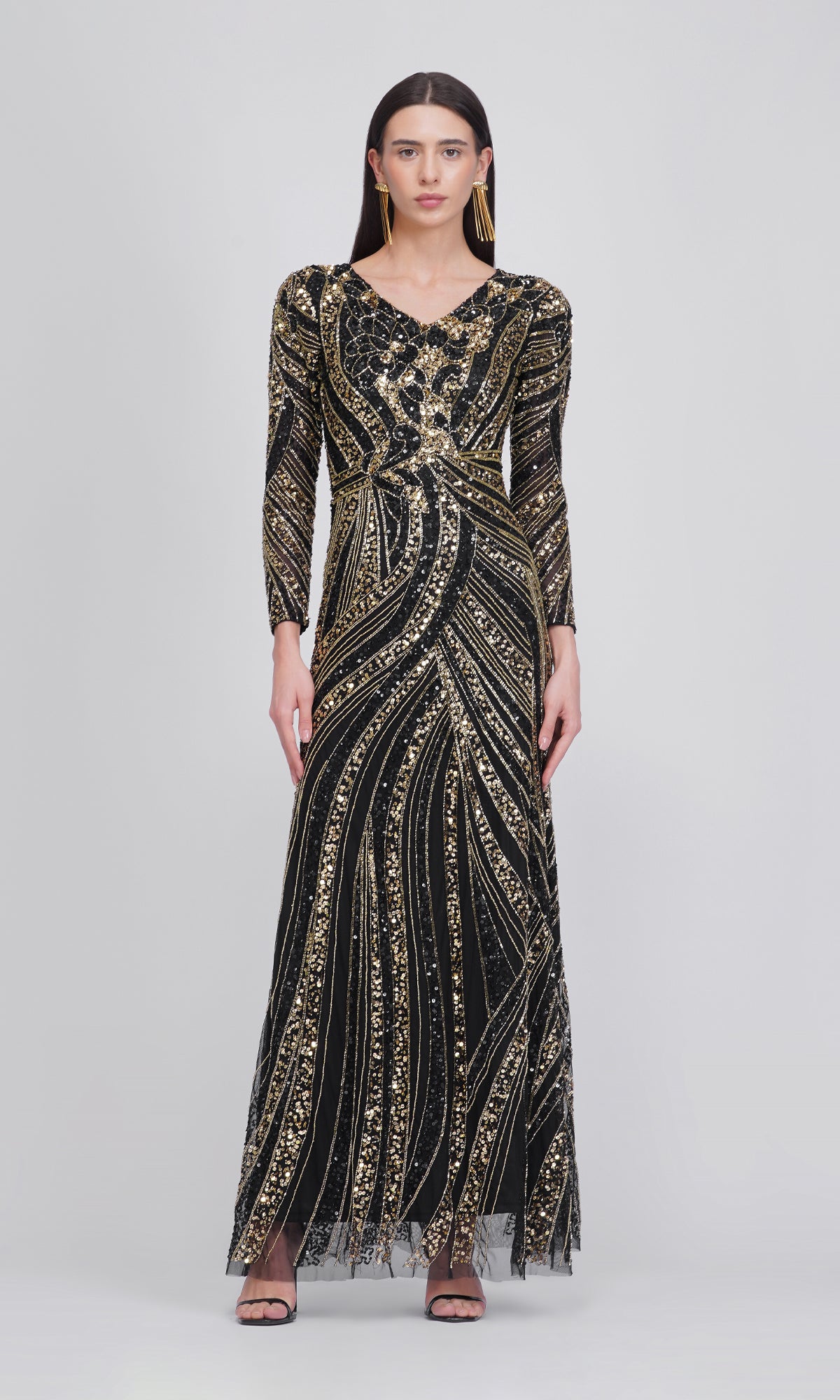 Arabella Dress – Black and Gold Handmade Sequin Dress with Beads