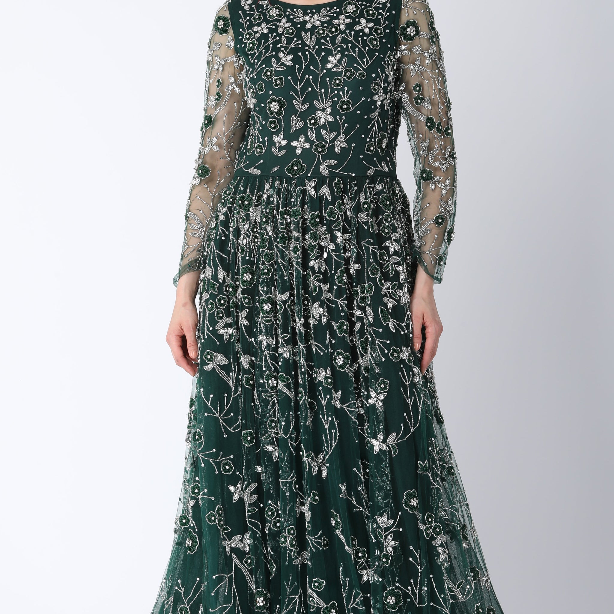 Beaded Aline Dress Dark Green
