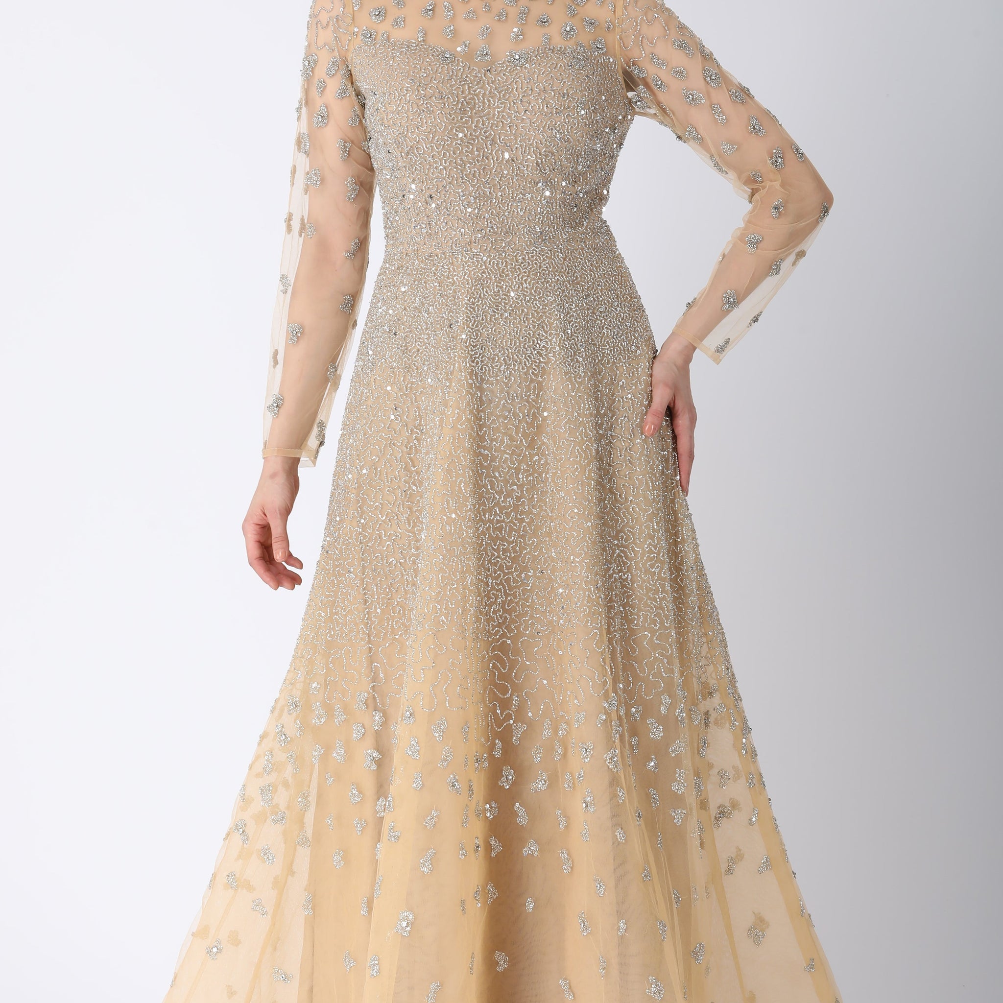 Beaded Aline Dress Beige