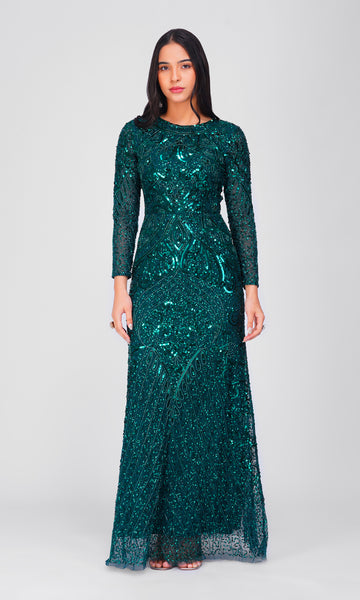 Selma Dress | Mørkegrøn lang kjole med lange ærmer