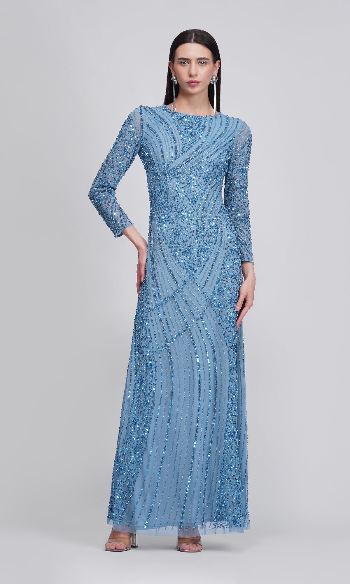 Elvira Dress – Light Blue Long Handmade Dress with Beads and Sequins