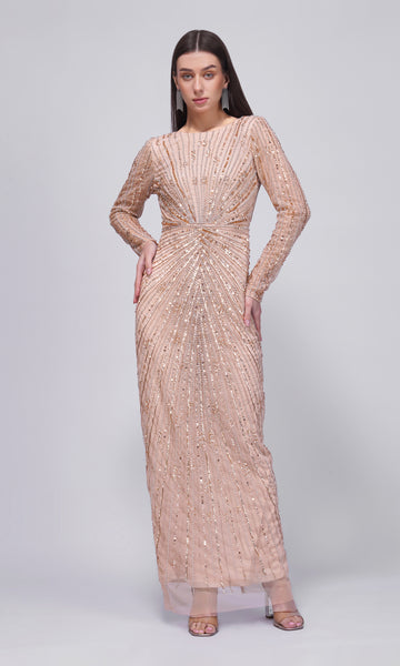 Valentina Blush Beige Maxi Dress with Beads and Sequins