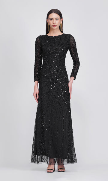 Elvira Dress – sort lang gallakjole med håndlavede perler og pailletter