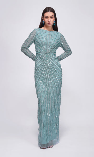 Valentina Turquoise Blue Maxi Dress with Glass Beads and Sequins