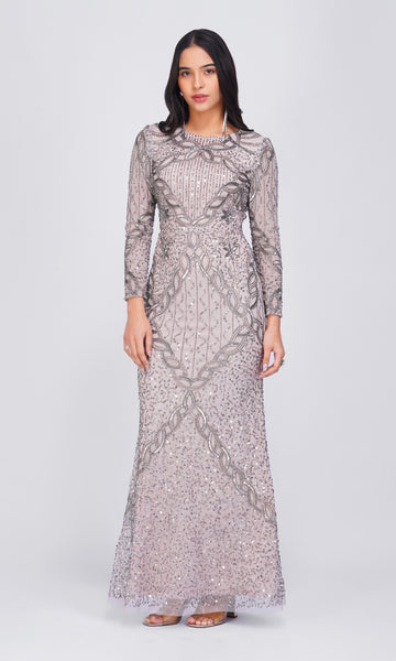 Sofia Taupe Maxi Dress with Glass Beads and Sequins